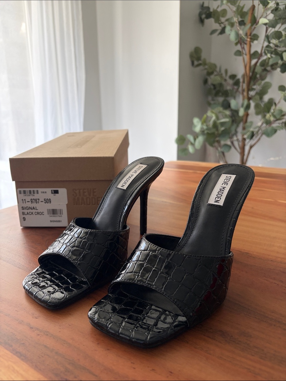 Steve Madden Black Croc-Embossed Slide Sandals